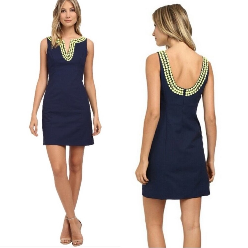 Lilly Pulitzer Blair Shift Dress Navy Blue Neon Green Yellow Jewel Stud 12